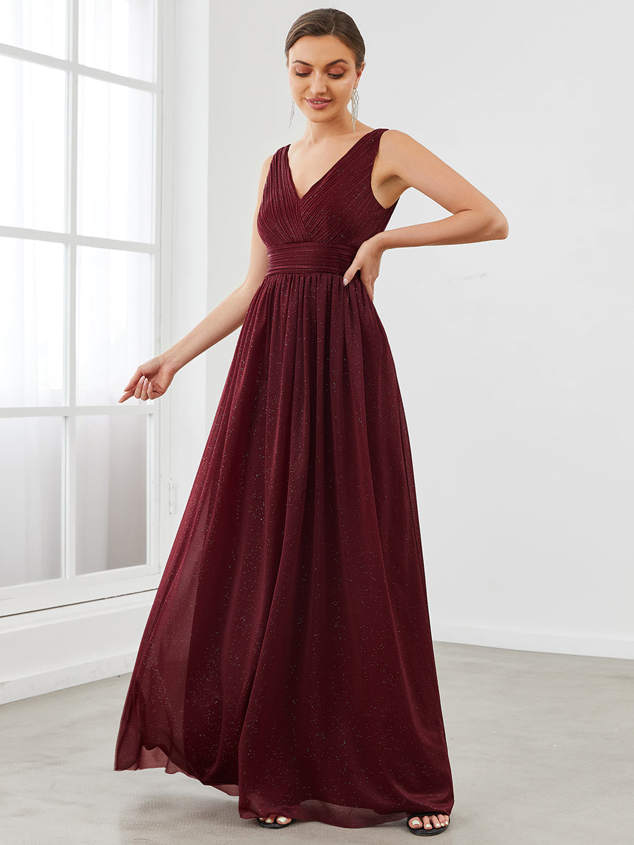 Women's Maroon Glitter Georgette Party Wear Gown – Sleeveless V-Neck Maxi Dress
