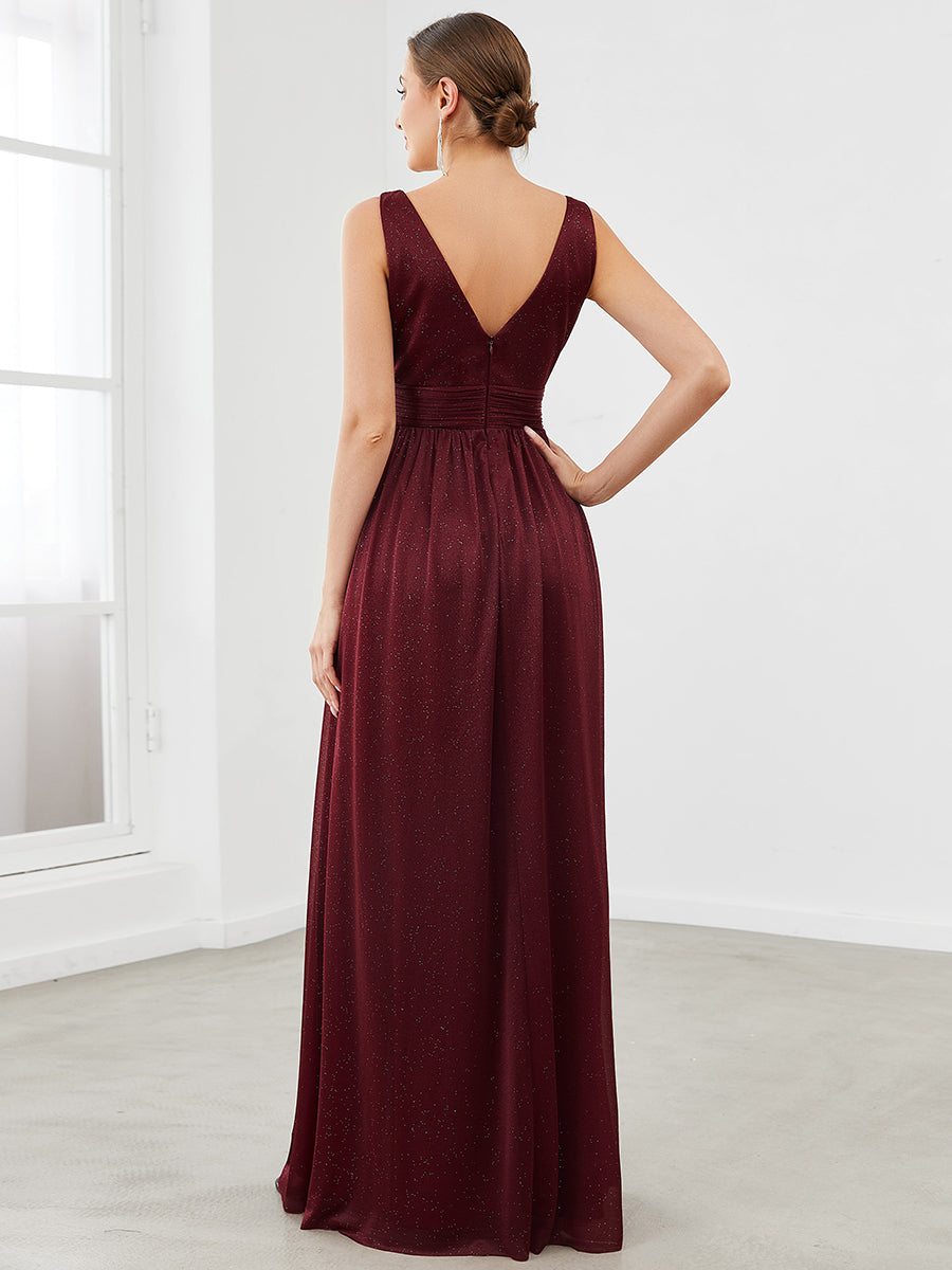 Women's Maroon Glitter Georgette Party Wear Gown – Sleeveless V-Neck Maxi Dress