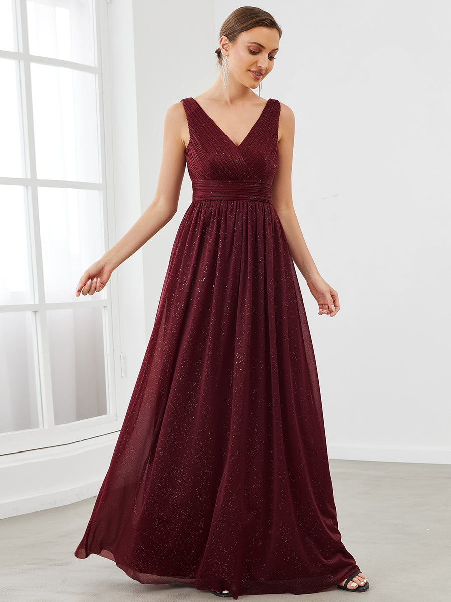 Women's Maroon Glitter Georgette Party Wear Gown – Sleeveless V-Neck Maxi Dress
