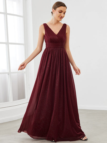 Women's Maroon Glitter Georgette Party Wear Gown – Sleeveless V-Neck Maxi Dress