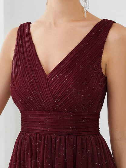 Women's Maroon Glitter Georgette Party Wear Gown – Sleeveless V-Neck Maxi Dress