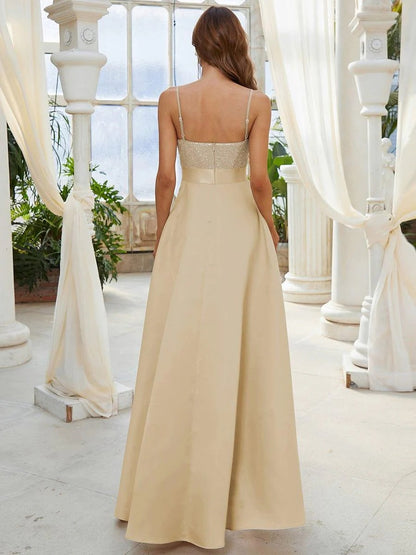 Rovika Fashion Women's Champagne Gold Sequin Satin High-Low Evening Gown