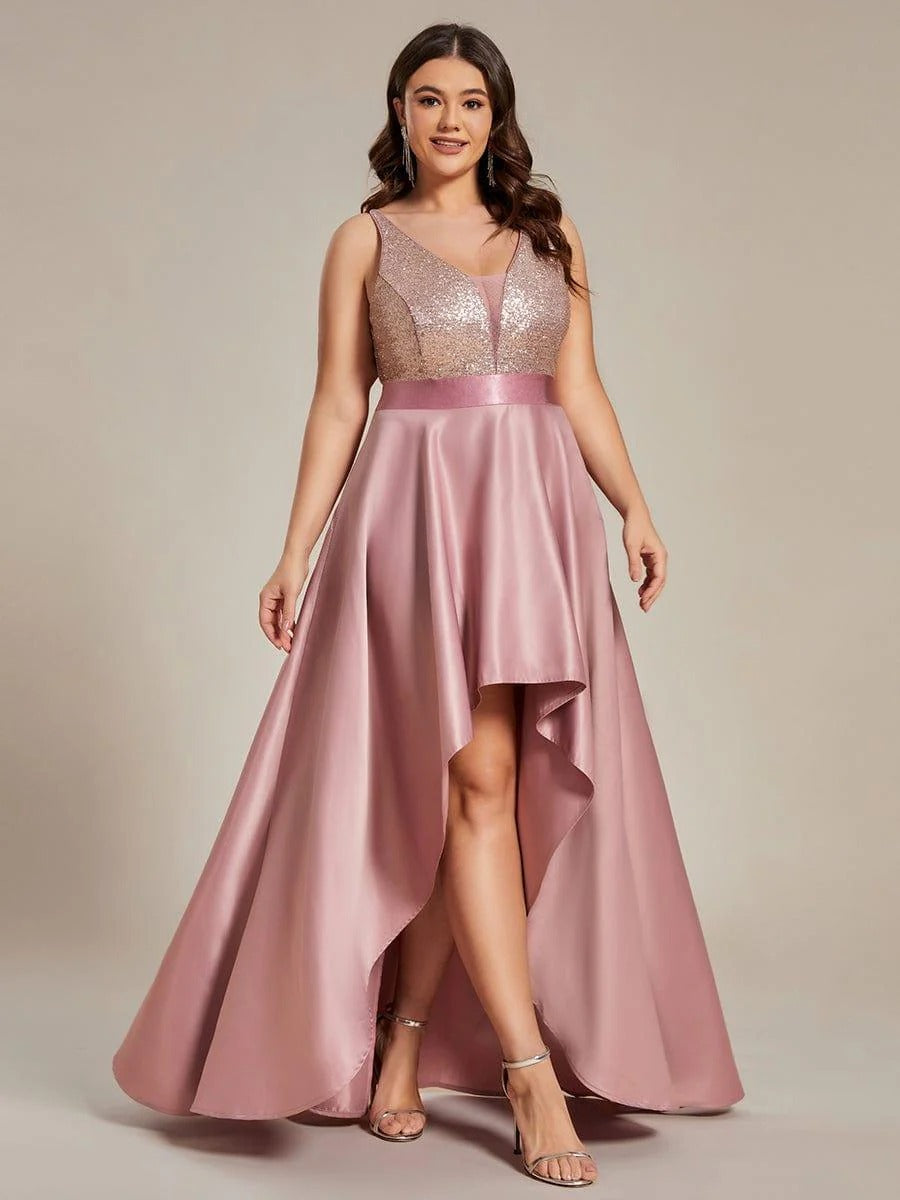 Rovika Fashion Women's Rose Gold Sequin Satin High-Low Evening Gown
