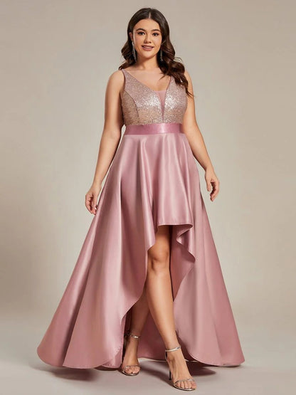 Rovika Fashion Women's Rose Gold Sequin Satin High-Low Evening Gown