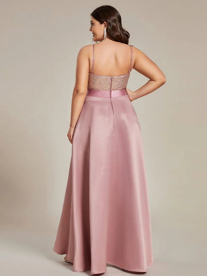 Rovika Fashion Women's Rose Gold Sequin Satin High-Low Evening Gown
