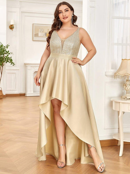 Rovika Fashion Women's Champagne Gold Sequin Satin High-Low Evening Gown