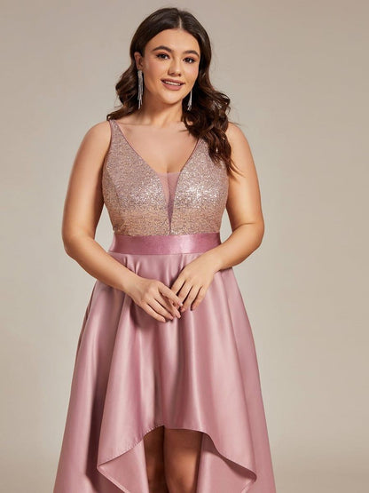 Rovika Fashion Women's Rose Gold Sequin Satin High-Low Evening Gown