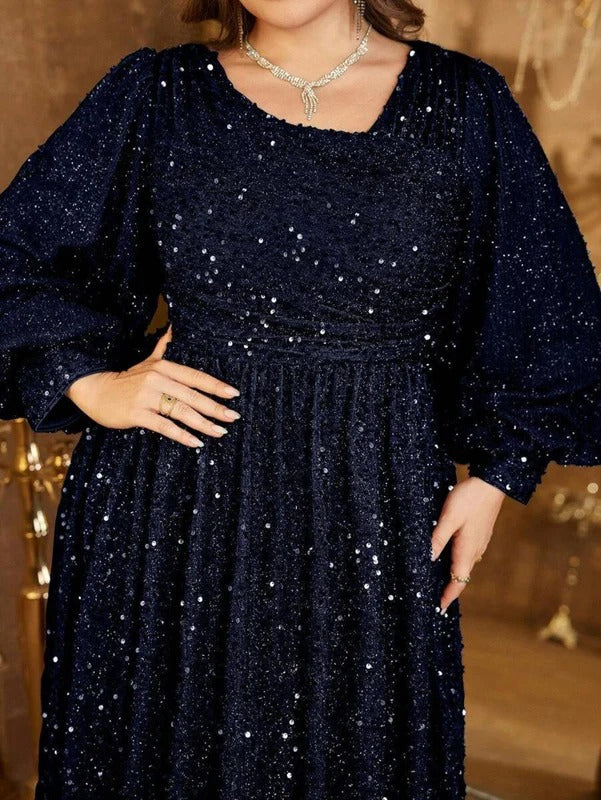 Rovika Fashion Women's Navy Blue Heavy Sequin Balloon Sleeve Evening Gown