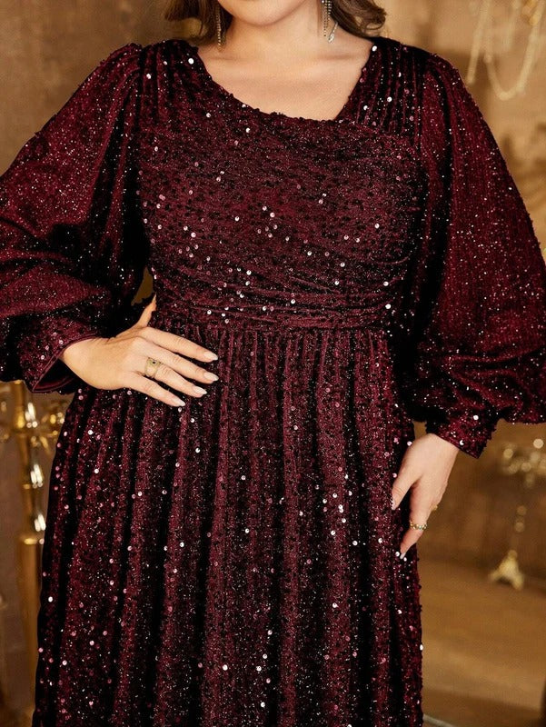 Rovika Fashion Women's Maroon Heavy Sequin Balloon Sleeve Evening Gown