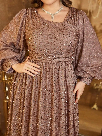 Rovika Fashion Women's Champagne Brown Heavy Sequin Balloon Sleeve Evening Gown