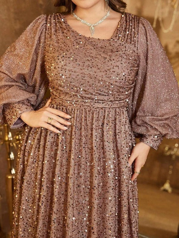 Rovika Fashion Women's Champagne Brown Heavy Sequin Balloon Sleeve Evening Gown