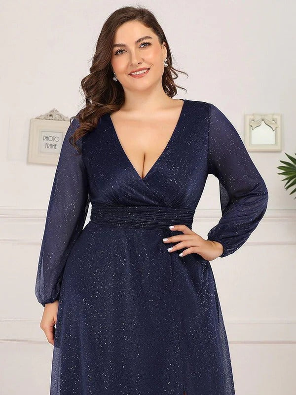Rovika Fashion Women's Navy Blue Shimmer Shimmer V-Neck Slit Evening Gown