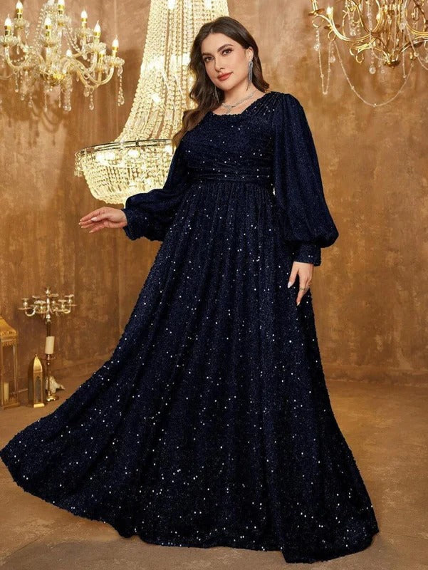 Rovika Fashion Women's Navy Blue Heavy Sequin Balloon Sleeve Evening Gown