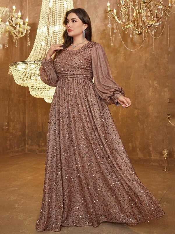 Rovika Fashion Women's Champagne Brown Heavy Sequin Balloon Sleeve Evening Gown