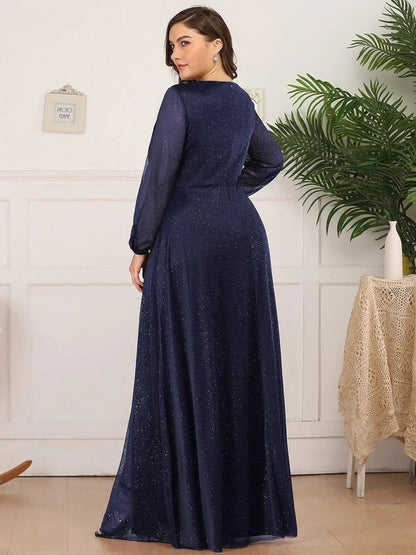 Rovika Fashion Women's Navy Blue Shimmer Shimmer V-Neck Slit Evening Gown