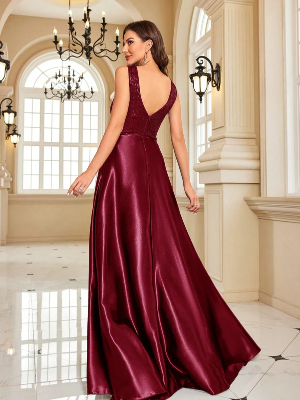 Women's  Maroon Satin Evening Gown | Elegant V-Neck Floor Length Party Wear Dress