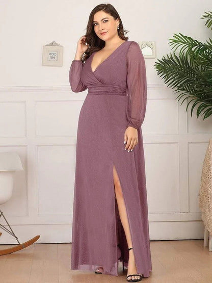 Rovika Fashion Women's Lavender Shimmer V-Neck Slit Evening Gown