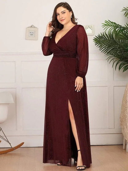 Rovika Fashion Women's Maroon Shimmer V-Neck Slit Evening Gown