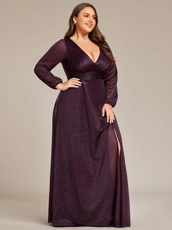 Rovika Fashion Women's Wine Shimmer V-Neck Slit Evening Gown (Copy)