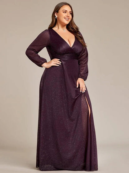 Rovika Fashion Women's Wine Shimmer V-Neck Slit Evening Gown (Copy)