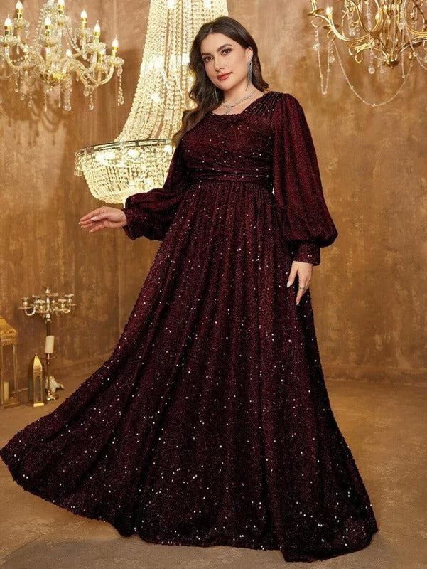 Rovika Fashion Women's Maroon Heavy Sequin Balloon Sleeve Evening Gown