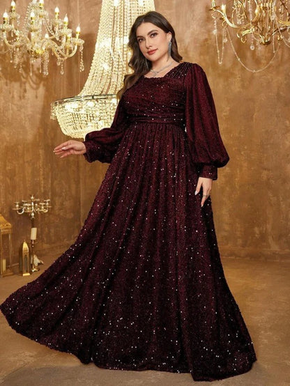 Rovika Fashion Women's Maroon Heavy Sequin Balloon Sleeve Evening Gown