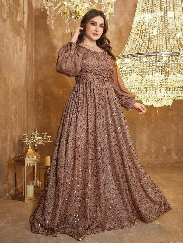 Rovika Fashion Women's Champagne Brown Heavy Sequin Balloon Sleeve Evening Gown