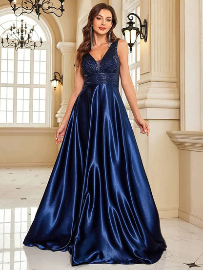 Women's Royal Blue Satin Evening Gown | Sleeveless V-Neck Party Wear Maxi Dress