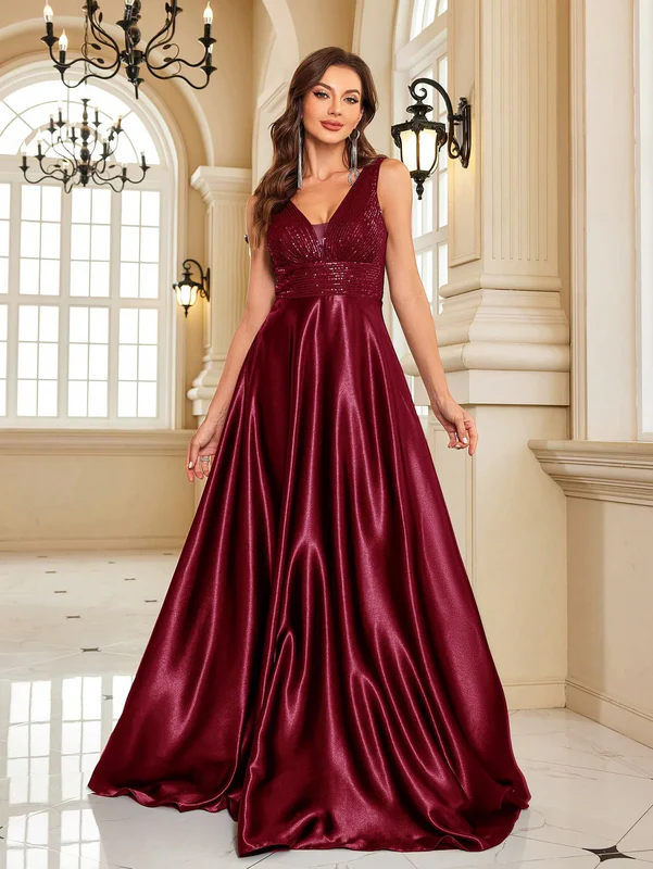 Women's  Maroon Satin Evening Gown | Elegant V-Neck Floor Length Party Wear Dress