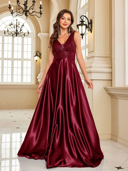Women's  Maroon Satin Evening Gown | Elegant V-Neck Floor Length Party Wear Dress