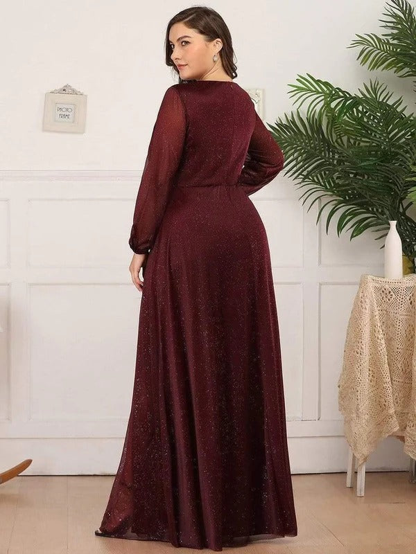 Rovika Fashion Women's Maroon Shimmer V-Neck Slit Evening Gown