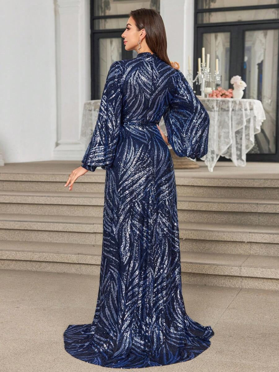 Rovika Fashion Women's Navy Blue High-Neck Sequin Wavy Pattern Evening Gown