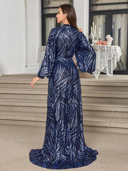 Rovika Fashion Women's Navy Blue High-Neck Sequin Wavy Pattern Evening Gown