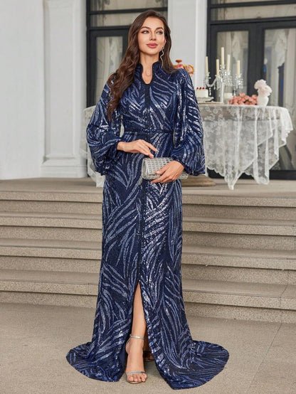 Rovika Fashion Women's Navy Blue High-Neck Sequin Wavy Pattern Evening Gown