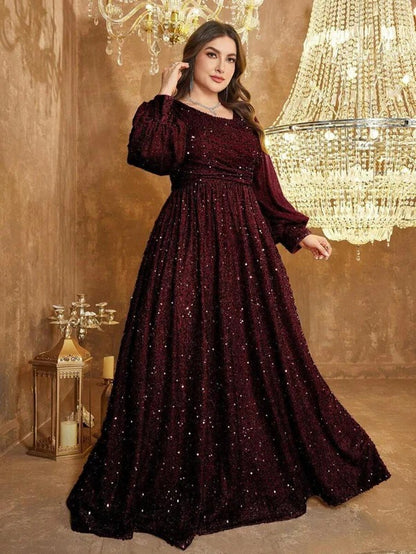 Rovika Fashion Women's Maroon Heavy Sequin Balloon Sleeve Evening Gown