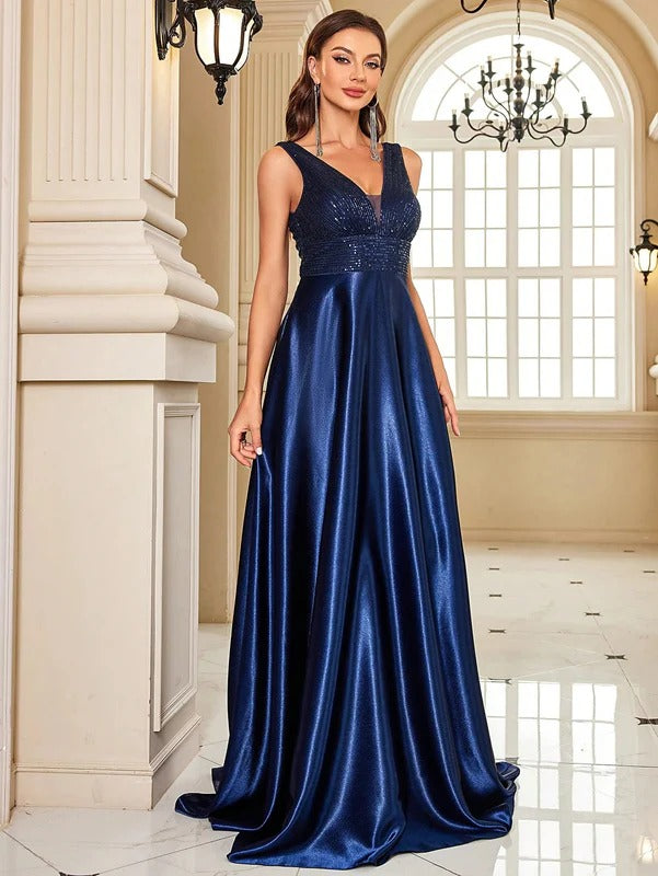 Women's Royal Blue Satin Evening Gown | Sleeveless V-Neck Party Wear Maxi Dress