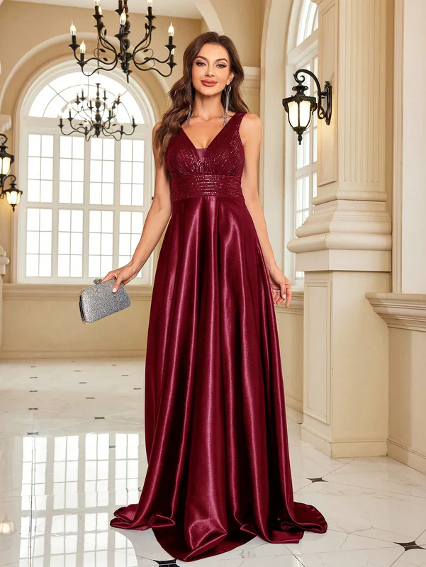 Women's  Maroon Satin Evening Gown | Elegant V-Neck Floor Length Party Wear Dress