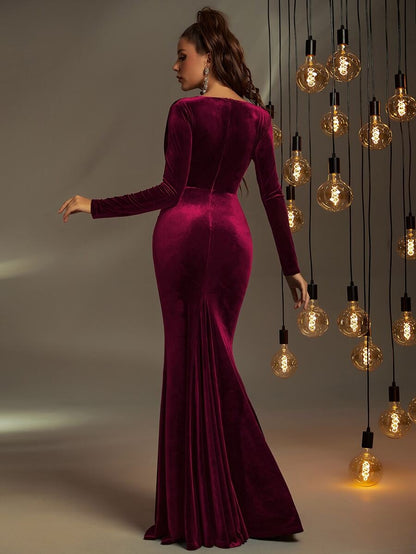 Rovika Fashion Women's Wine Maroon Velvet Plunging V-Neck Mermaid Evening Gown