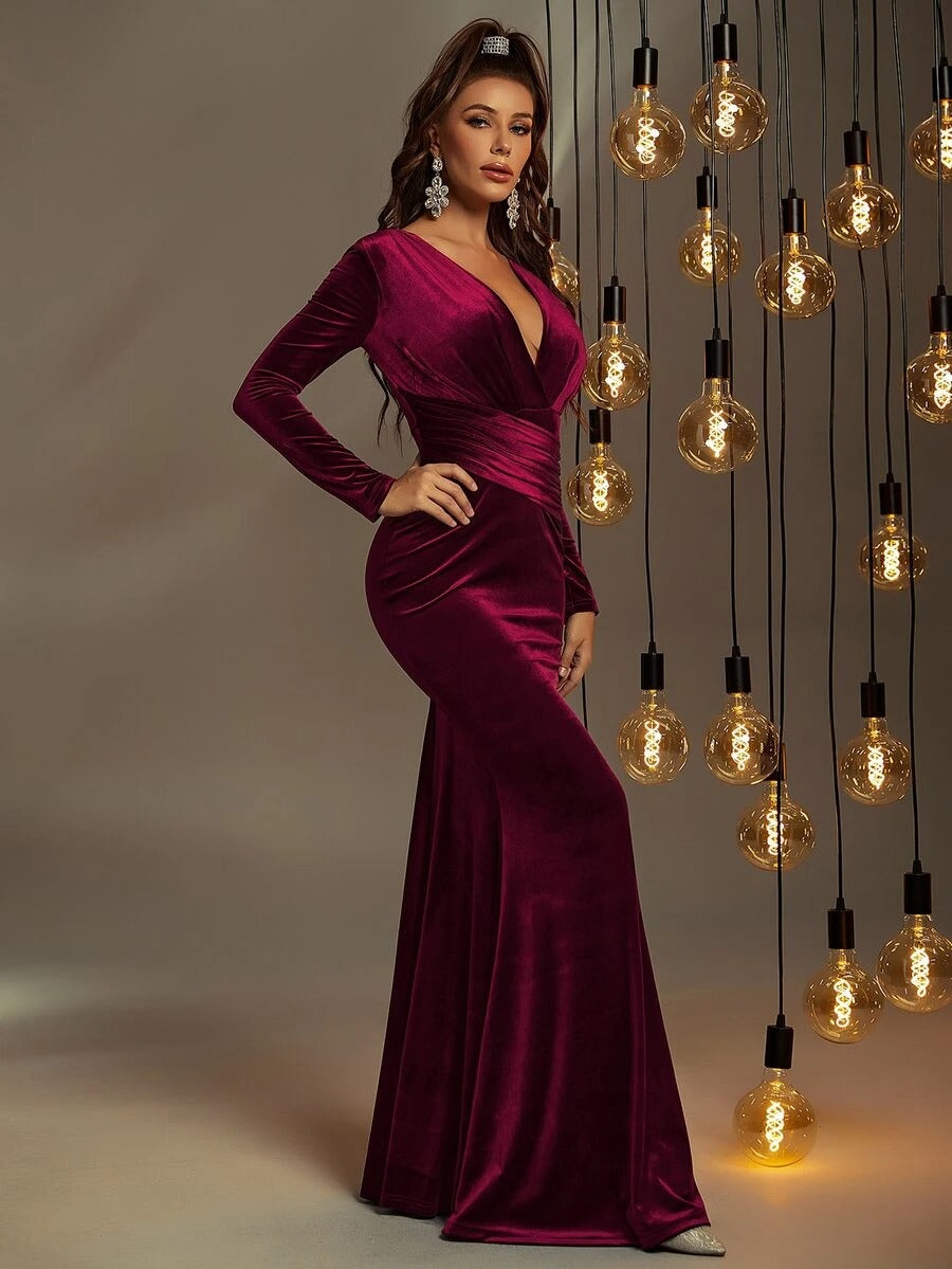 Rovika Fashion Women's Wine Maroon Velvet Plunging V-Neck Mermaid Evening Gown