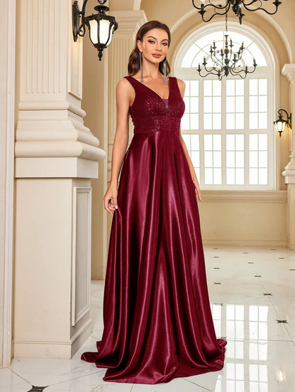 Women's  Maroon Satin Evening Gown | Elegant V-Neck Floor Length Party Wear Dress
