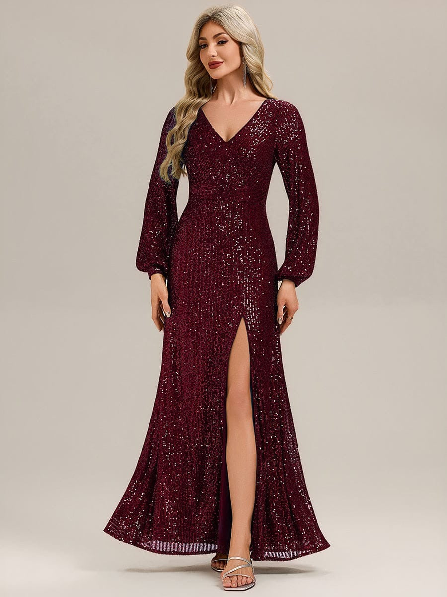 Rovika Fashion Women's Wine Sequin Bishop Sleeve Evening Gown