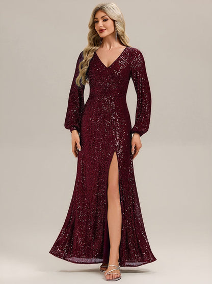 Rovika Fashion Women's Wine Sequin Bishop Sleeve Evening Gown