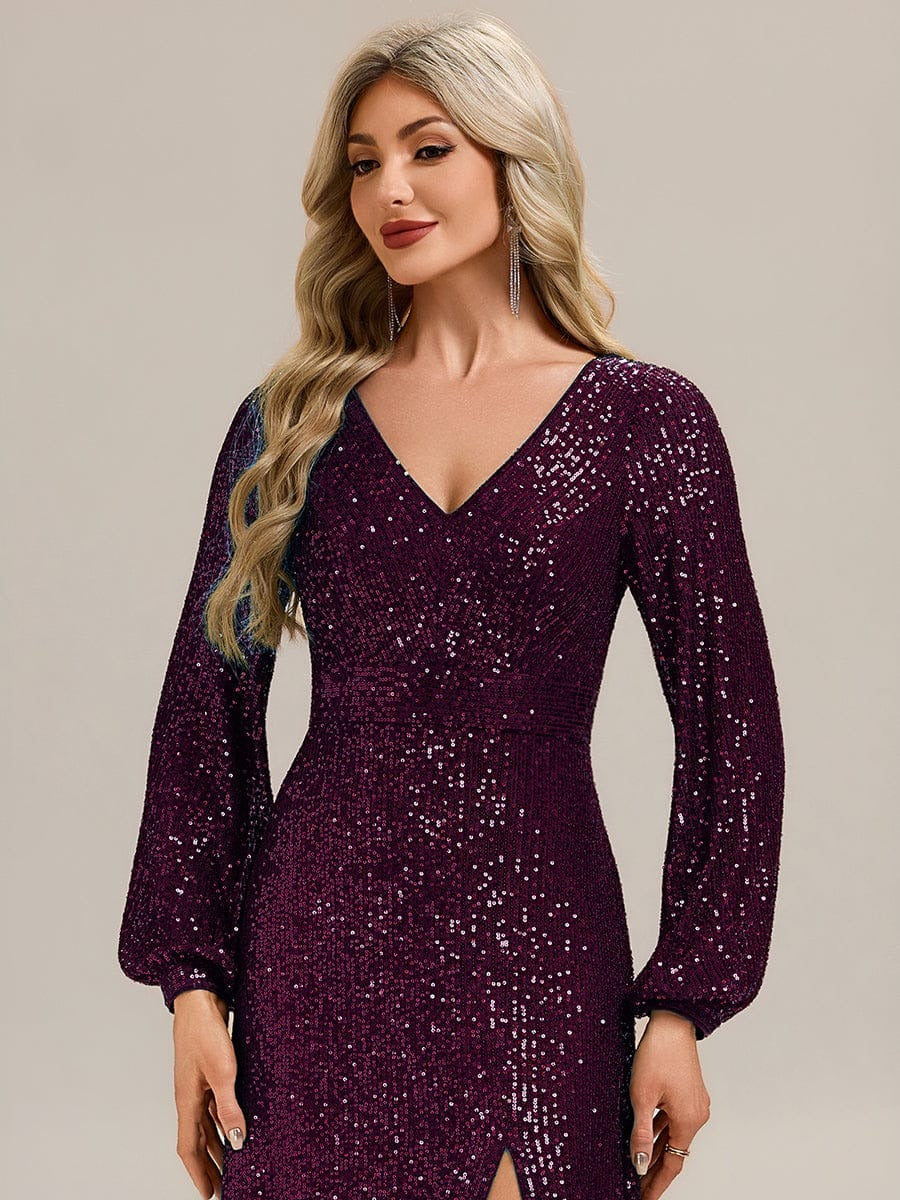 Rovika Fashion Women's Deep Purple Sequin Bishop Sleeve Evening Gown