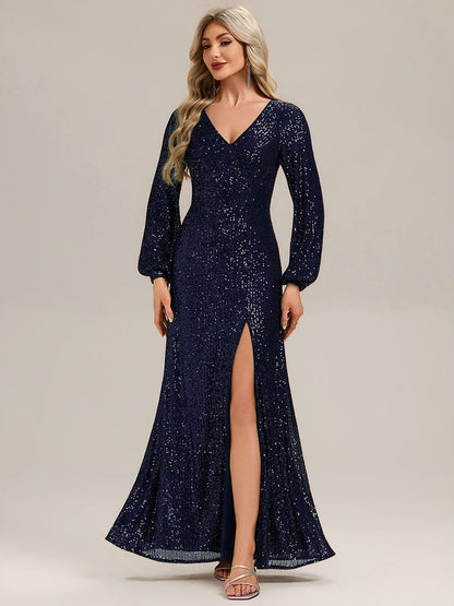 Rovika Fashion Women's Navy Blue Sequin Bishop Sleeve Evening Gown