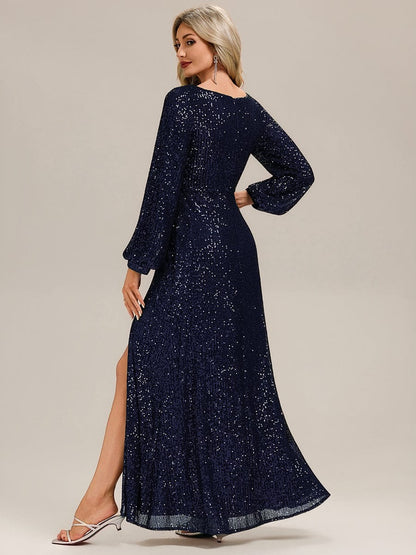 Rovika Fashion Women's Navy Blue Sequin Bishop Sleeve Evening Gown