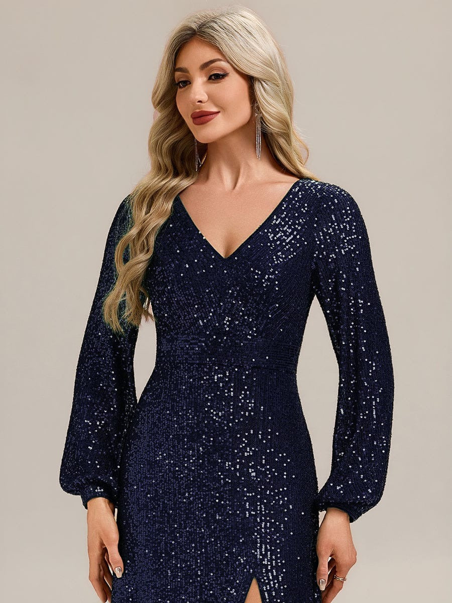 Rovika Fashion Women's Navy Blue Sequin Bishop Sleeve Evening Gown