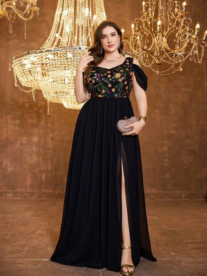 Embroidered Georgette Black Maxi Dress with Thigh Slit