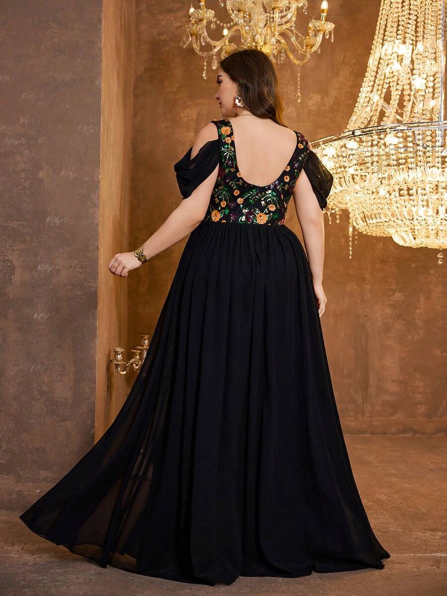 Embroidered Georgette Black Maxi Dress with Thigh Slit