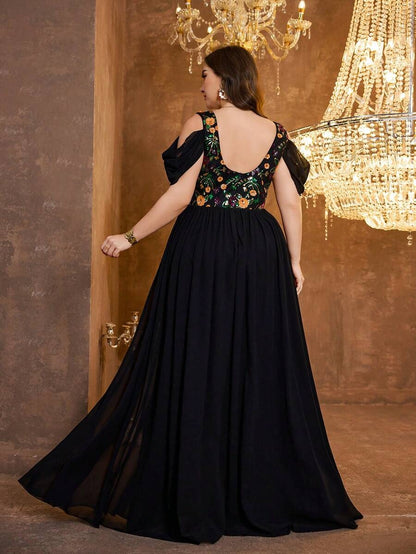 Embroidered Georgette Black Maxi Dress with Thigh Slit
