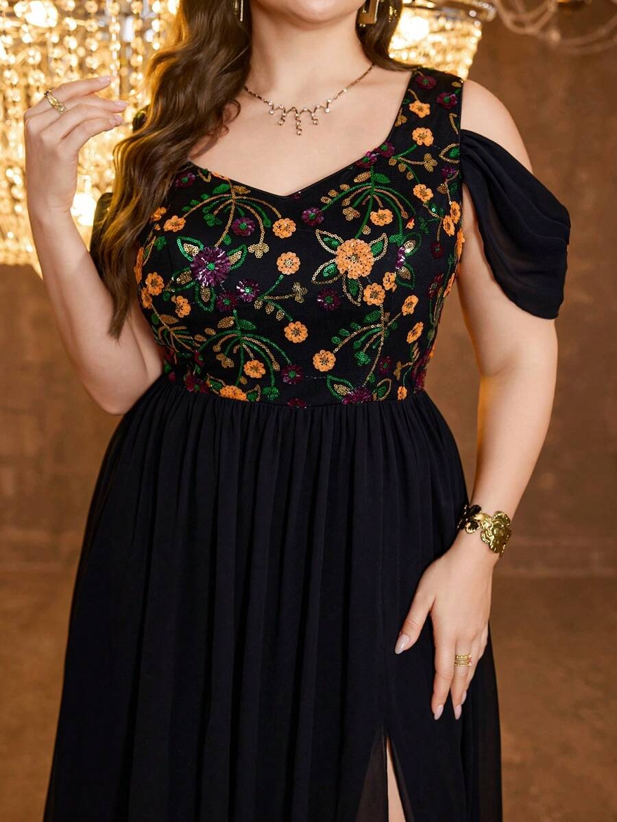 Embroidered Georgette Black Maxi Dress with Thigh Slit